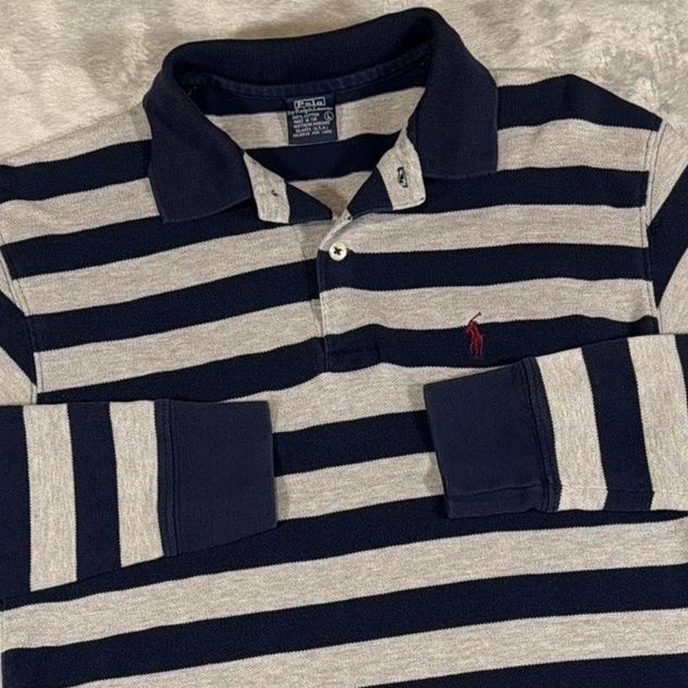 90s Vintage Polo Ralph Lauren Striped Rugby Polo | Navy/Gray | USA Made | Large